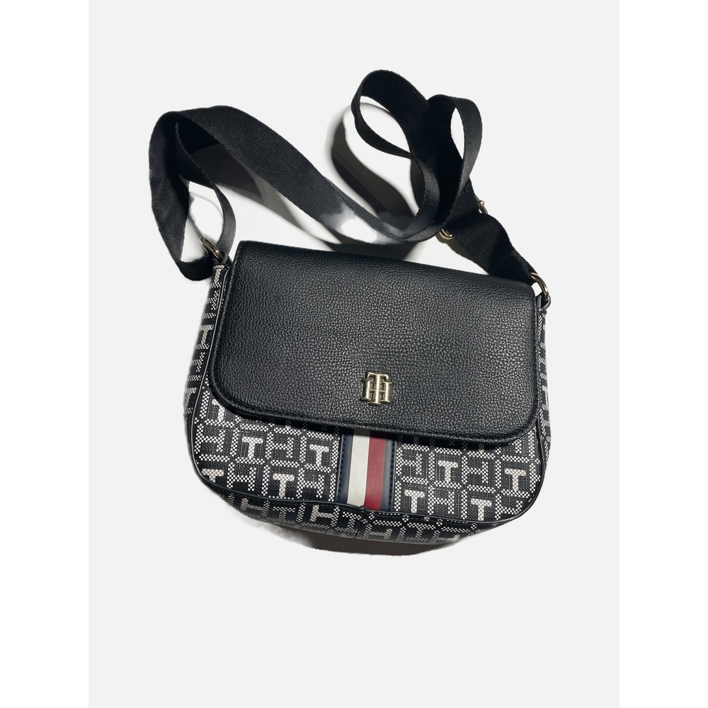Tommy Hilfiger Crossbody Bag Womens Small Black Monogram Logo Preppy Classic